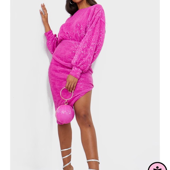 NWT Pretty Little Thing Hot Pink Sequin Open Back Balloon Sleeve Midi Dress - Picture 3 of 5